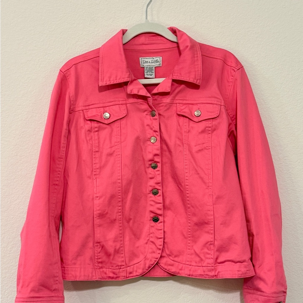 PTP 18.5” 💖Live a Little Pink Denim Jacket –Button-Front Stretch Jean Jacket M